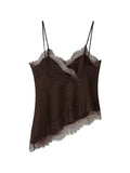 See Througth Lace Edge Tank Tops for Women V Neck Sleeveless Pathwork Hollow Out Sexy Fashionable Vest Female New