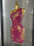 Shining Rosered Crystal Women Sexy One Shoulder Mesh See Through Bodycon Mini Dress Bar Singer Celebrate Performance Costumes