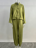 Solid Spliced Buttons Two Piece Set Female Stand Collar Long Sleeve Top Retro Chinese Women's Trousers Sets Fashion
