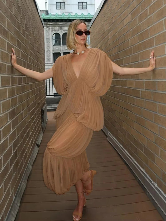 Sexy V Neck Tiered Folds Design Long Dress Women Sleeveless Multi-Layered Draped Temperament Dresses Evening Party Gowns
