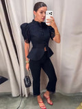 Lace Cutout Peplum Jacket Stand Collar Puff Sleeve Button Front Waist Cinched Outerwear 2026 Summer Fashion Lady Elegant Jacket
