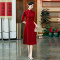 Red New Chinese Qipao Mid Sleeve Improved Retro Dress for Young Women Spring and Autumn Qipao Dress