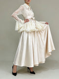 White Two Piece Set for Women Lapel Flare Sleeve Spliced Ruffles Lace Blouse High Waist Simpel Vest Dress Fairy Suit Female