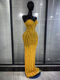 Sparkly Red Golden Big Crystal Women Strapless Mesh See Through Bodycon Long Maxi Dress Elegant Evening Party Cocktail Outfit