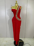 Women Elegant Shiny Diamond Sexy One Shoulder Long Bodycon Bandage Dresses Celebrity Evening Party Nightclub Wedding Guest Dress