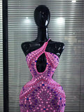 Pink Color Women Sexy Halter Backless Mesh See Through Bodycon Floor-length Mermaid Dress Birthday Party Cocktail Outfit