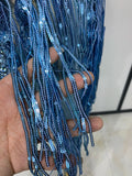 Sparkly Blue Rhinestone Tassel Mesh See Through Dress Pole Dancer Singer Outfit Women Sexy Evening Party Club Stage Costume