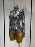 Luxury Rhinestones Mirrors Sexy Sheath Bodysuit Women Nightclub DJ Performance Costume Evening Party Celebrate Stage Wear