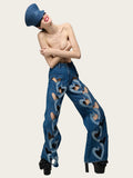 Fashion Women Jeans High Waist Heart Connectivity Contrast Color Hollow Out Straight Denim Pants 2024 New