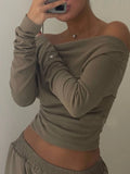 Solid Two Piece Set for Women Slash Neck Irregular Hem Long Sleeve Top High Waist Straight Pant Casual Suit Female