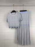 Elegant Two Piece Set For Women Multi Color Hollow Wave Knit Short Sleeve Crew Neck Scallop Hem Maxi Skirt For Daily Commute