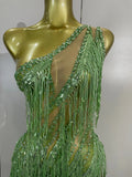Sexy Green One Shoulder See-Through Sparkly Rhinestones Tassel Dress Women Latin Dance Outfits Bar Nightclub Party Stage Costume