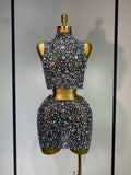 Sparkling Rhinestone Sexy See Through Blackless Top Skirt Two Pieces Set Woman Luxury Birthday Evening Party Gowns
