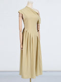 Solid Slimming Temperament Dresses for Women Diagonal Neck Short Sleeves Patchwork Ruffles Fold Dress Female New
