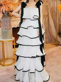 Hit Color Ruffles Cake Maxi Dress for Women Square Collar Off The Shoulder Spliced Bow Evening Temperament Dresses Female