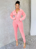 Washed Distressed Jumpsuit Women Ribbed V-Neck Solid SKinny Long Sleeve Fall Casual Trend Simple Activity Streetwear