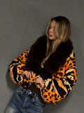 Zebra Print  Fur Collar Puffer Jacket Womens Button Down Trendy Warm Coat Fall Winter Party Club Streetwear Cozy Daily Outerwear