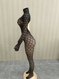 Coquette Backless Jumpsuit Women Sexy Jacquard See Through Turtleneck Full Sleeve Stretch Midnight Club Streewear