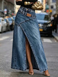 Women Baggy Denim Skirt High Waist Irregular Slit A Line Maxi Casual Fashion Personality Summer 05E03085