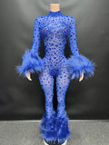 New Sexy See-through Red Fur Stone Club Wear Jumpsuit Long Women's Jumpsuit Rhinestone Mesh Jumpsuit