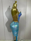 Sparkly Gold Sequin Sexy Top Two Pieces Set 2025 Women Celebrate Party Birthday NightClub Performance Dancer Show Stage Outfit