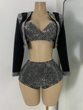 Women's Rhinestones Top Shorts Sets Nightclub Show Three Pieces Outfit Nightclub Performance Singer Dance Costume Stage Wear