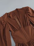 Women Brown Beaded Corset Design Maxi Dress V Neck Long Sleeves Waist Cinching Slim Dresses Fashion Evening Party Gowns