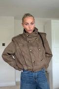 Women Stand Collar Double Breasted Cropped Trench Jacket Long Sleeve Button Cuff Loose Short Outerwear Fashion Street Daily Wear