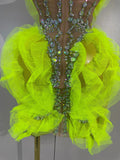 Sexy Sparkly Diamonds Strapless Mesh Ruffled See Through Mini Dress Women Eveing Party Birthday Nightclub Bar Stage Show Costume