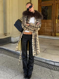 Women Vintage Tiger Print Long Coat Large Fluffy Fur Collar Waist Tie Belted Wrap Coat 2026 Winter Fashion Elegant Outerwear