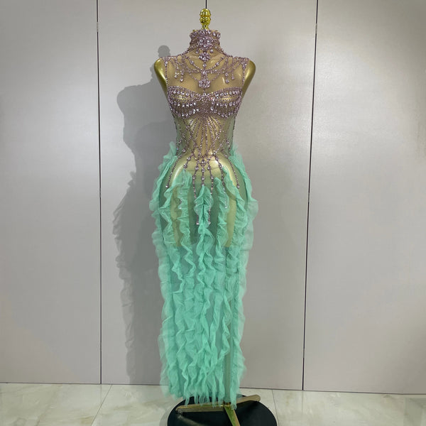 Women Sparkly Rhinestone Eveing Birthday Party Nightclub Bar Stage Costume Sexy Sleeveless Mesh Ruffled See Through Long Dress