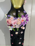 Sexy Halter Mesh See Through Long Dress Women Sparkly Diamonds 3D Flower Evening Party Birthday Photoshoot Nightclub Stage Wear