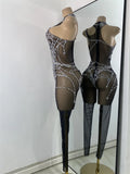 High Street Mesh Spider Web Tight Jumpsuit Performance Dance Costume Luxury Rhinestones Nightclub Bar Stage Leotard