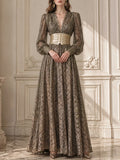 Glitter Deep V Flowy Floor Dress for Women Long Sleeve Ruched Bodice Gold Decorated Wide Waistband A Line Length for Party