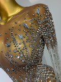 Luxury Sparkly Rhinestones Tassel Transparent Mesh Stretch Long Dress Women Evening Celebrate Birthday Dress Sexy Stage Costumes