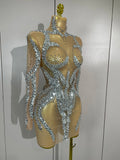 Sparkly Rhinestones Sexy Mesh Transparent Mini Dress Eveing Birthday Party Dance Nightclub Fashion Show Stage Costumes