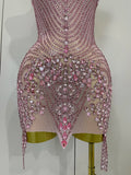 Sexy Sparkly Rhinestones Halter Backless Mesh Velour Short Dress Women Evening Prom Celebrate Birthday Party Stage Wear