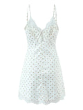 White Cozy Homewear Lace Trim Polka Dot Mini Slip Dress for Women Slim Satin Fabric Nightgown for Pajama Parties
