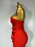 Newest Women Sexy Strapless Backless Red Flower Midi Bandage Dress Celebirty Elegant Evening Club Party Birthday Dresses