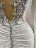 Luxury Sparkly Crystals Sexy Mesh White Velvet Short Dress 2025 Women Elegant Evening Prom Birthday Party Dresses Stage Costume