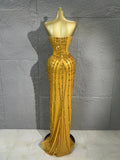 Sparkly Vertical Rhinestone Strapless Mesh Maxi Dress Bodycon Mermaid Long Gown Suitable Formal Birthday Pageant NightclubStage