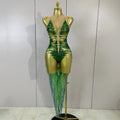 Women Sparkly Green Rhinestone Tassels Sexy Latin Dancer Mesh Bodysuit Eveing Party Birthday Nightclub Performance Stage Costume