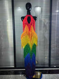 Rainbow Color Women Sexy Off the Shoulder Fringes Bodycon Long Gowns Dress Elegant Evening Party Celebrate Prom Outfit