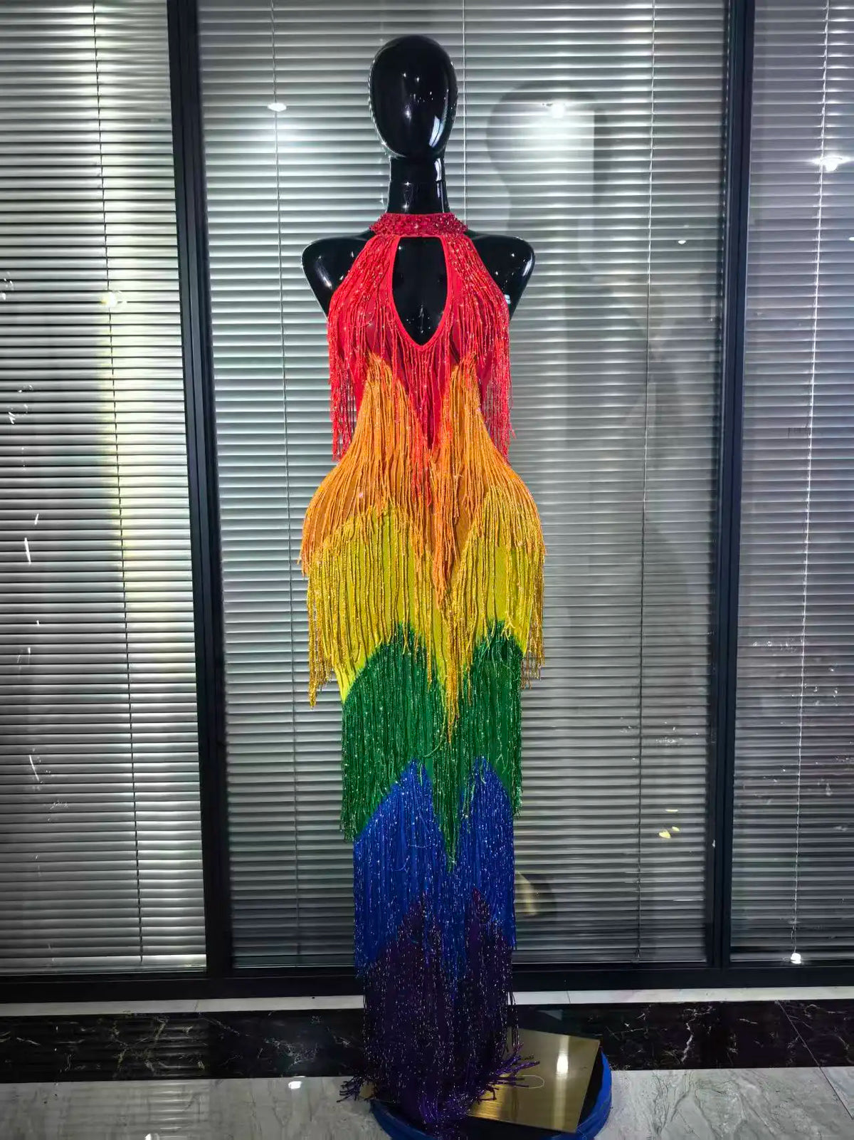 Rainbow Color Women Sexy Off the Shoulder Fringes Bodycon Long Gowns Dress Elegant Evening Party Celebrate Prom Outfit