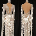 Women Elegant Sparkly Diamond Pearls Leaf Long Sleeves Mesh Sheer Maxi Dress Eveing Birthday Party Sexy Nightclub Stage Costume