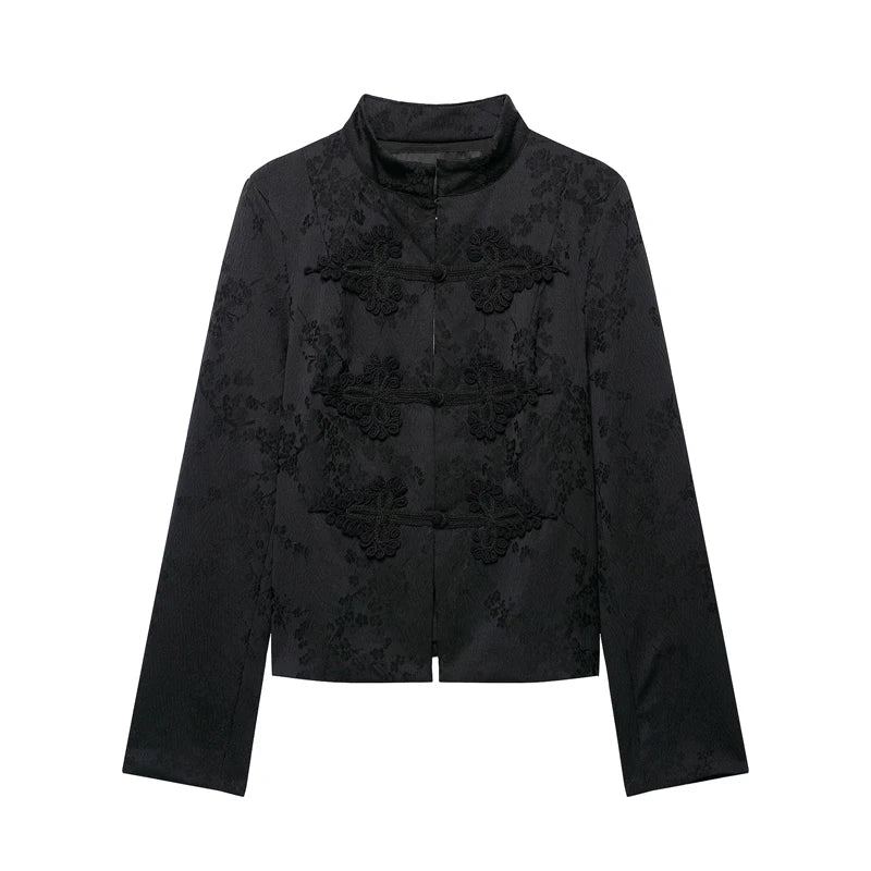 Jacquard Women's Jackets Stand Collar Frog Button Top Long Sleeve Short Black 2026 New Casual Daily Commute Ladies Outerwears
