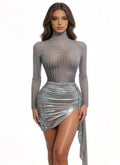 Luxury Sparkly Diamonds Women Birthday Evening Party Nightclub Stage Show Costume Sexy Mesh See Through Long Sleeves Mini Dress