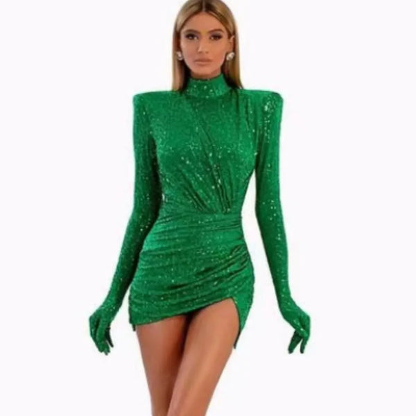 Women's Green Sequined Velvet Long Sleeve Turtleneck Mini Dress Fashion Hot Party Evening Stage Performance Gown Robes De Soirée