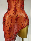 Sparkly Crystal Diamond Gold Sexy See-Through Sheath Dress Nightclub Performance Custome Stage Wear Birthday Evening Party Dress