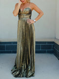 Gold Pleated Maxi Gala Dresses for Women Sleeveless High Waist Patchwork Sashes Spaghetti Strap Luxury Runway Dress Female